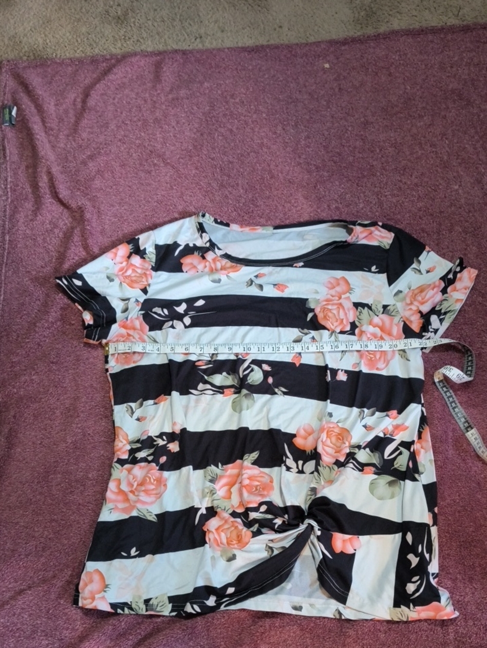 Maurices Black White Striped Tee with Peach Floral Print